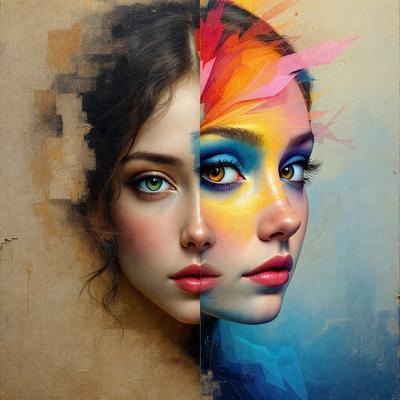 The primary subject of the image is a woman's face, which is depicted in two different styles. One half of the face is shown in a traditional, realistic style, while the other half is shown in a more abstract, artistic style. The setting is a painting, and the visual style is a combination of photo and digital art. The colors and mood of the image are vibrant and lively, with a focus on the woman's eyes, which are the main point of interest in the painting.